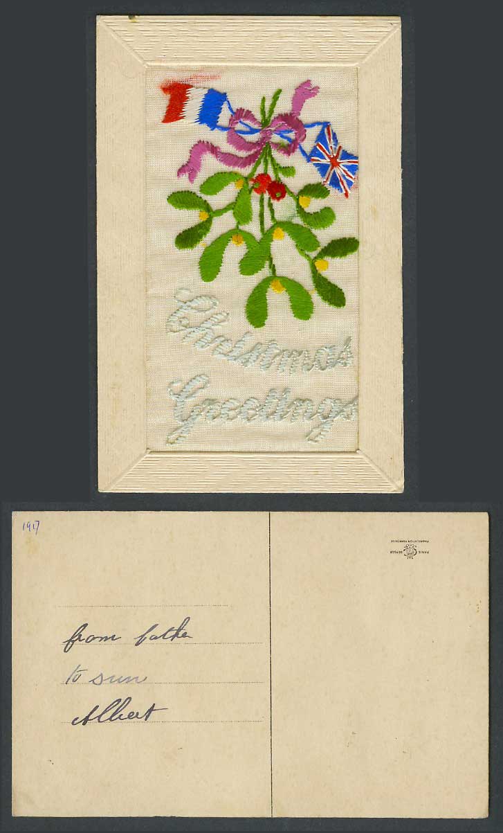 WW1 SILK Embroidered 1917 Old Postcard Christmas Greetings, Flags Mistletoe Xmas