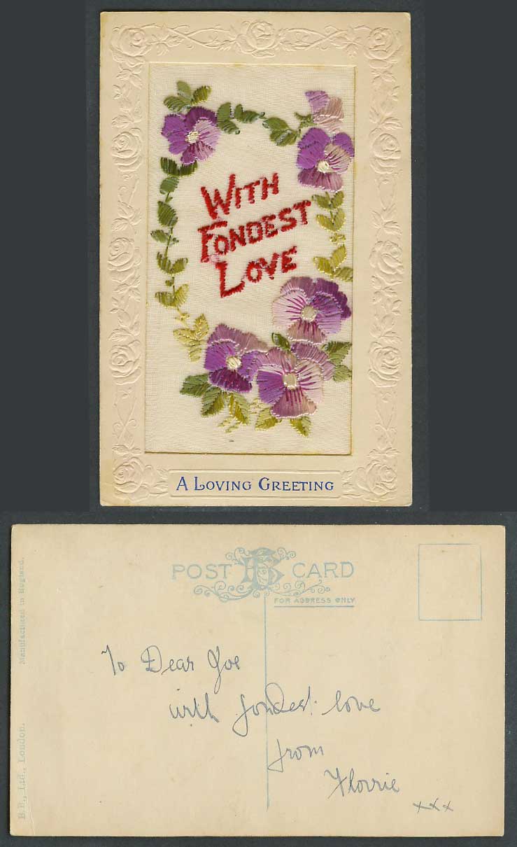 WW1 SILK Embroidered Old Postcard With Fondest Love, A Loving Greeting, Flowers