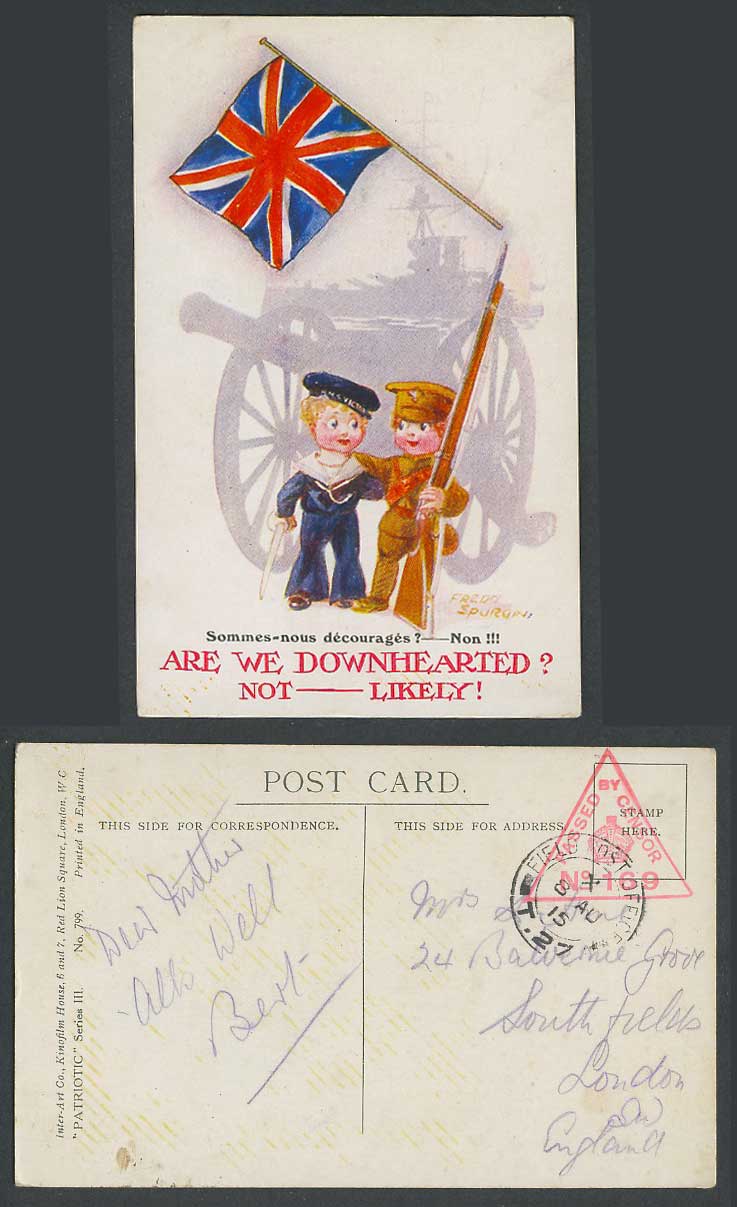 Fred Spurgin WW1 Censor 1915 Old Postcard Soldier Are we downhearted? Not Likely