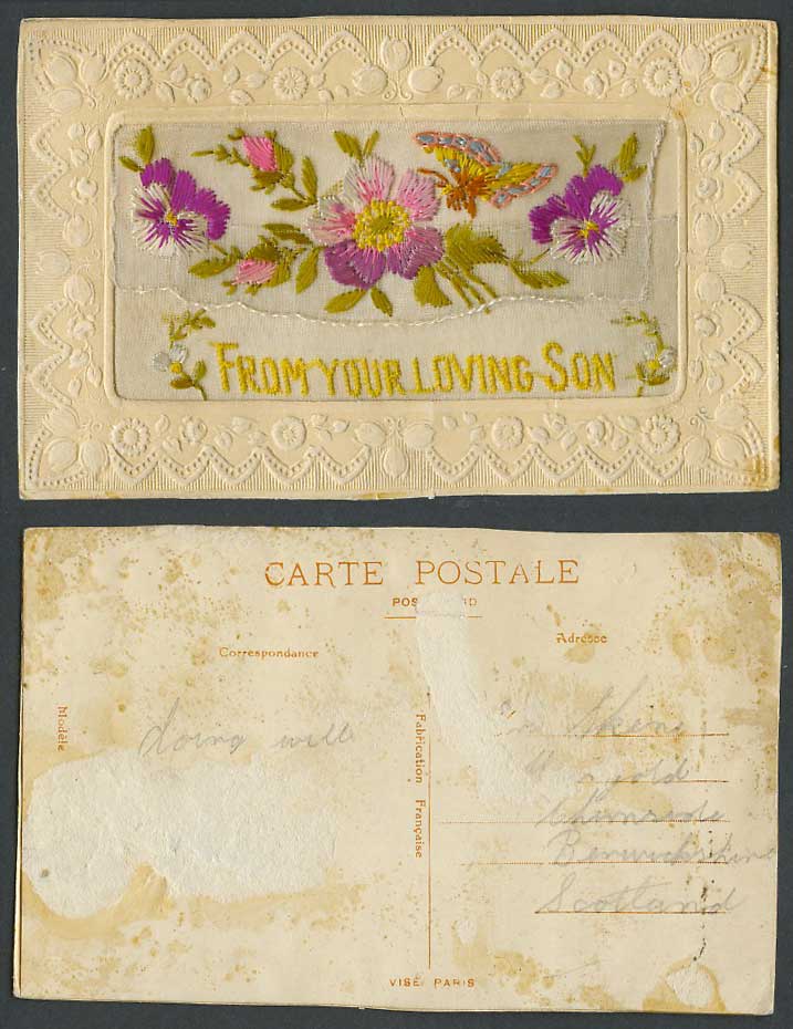 WW1 SILK Embroidered Old Postcard From Your Loving Son Butterfly Flowers, Wallet