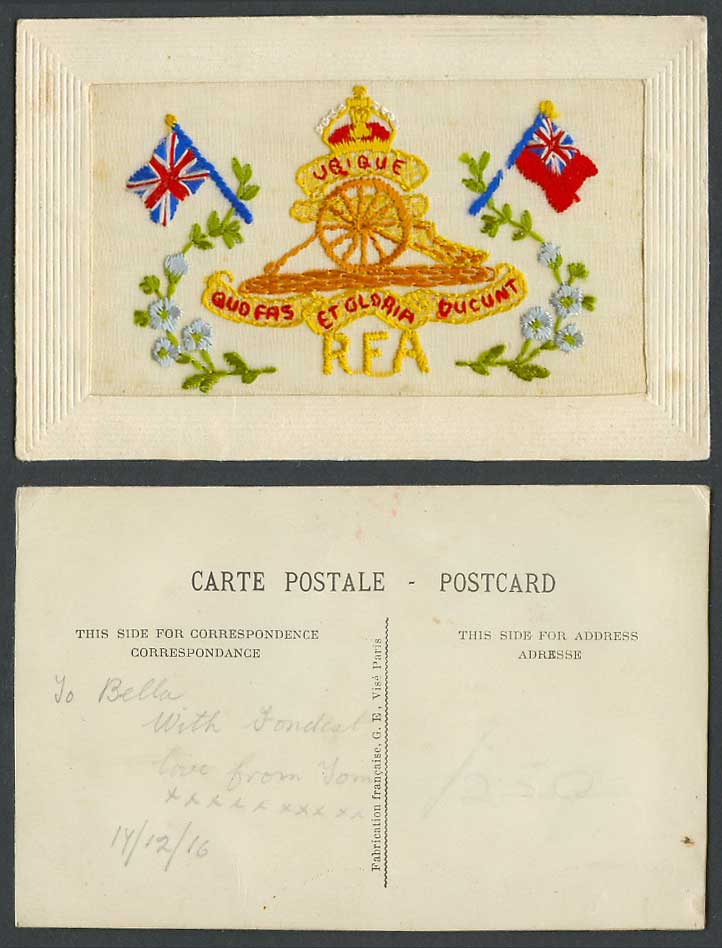 WW1 SILK Embroidered 1916 Old Postcard R.F.A. Royal Field Artillery Flag Flowers