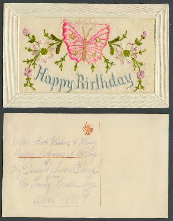 WW1 SILK Embroidered Old Postcard Happy Birthday, Butterfly, Flowers, Greetings