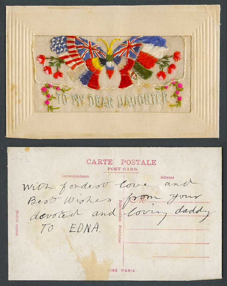 WW1 SILK Embroidered Old Postcard To My Dear Daughter, Butterfly, Empty Wallet