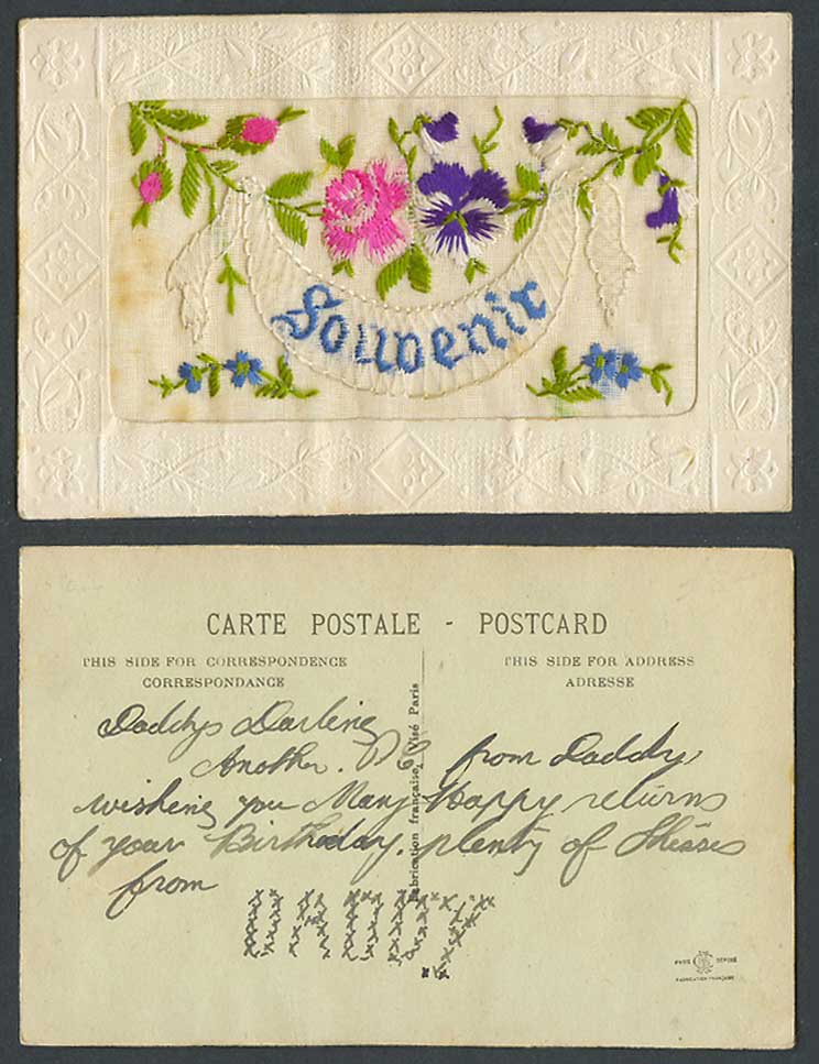 WW1 SILK Embroidered French Old Postcard Souvenir, Pansy Flower Flowers, Novelty