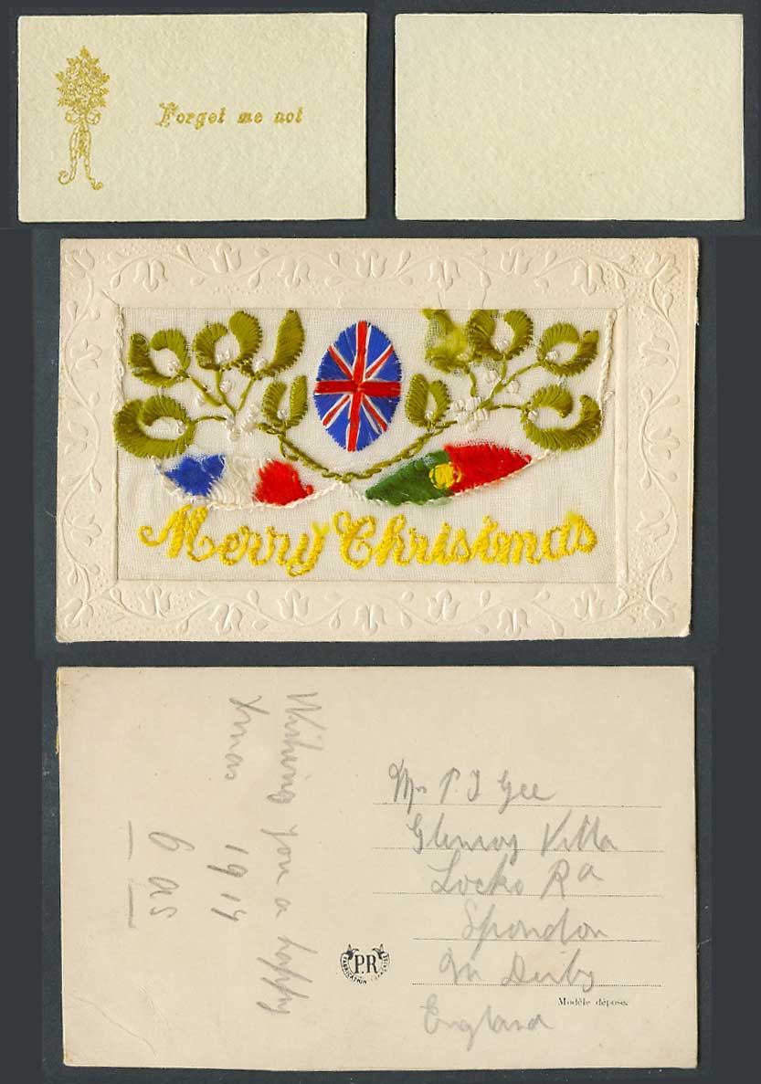 WW1 SILK Embroidered Old Postcard Merry Christmas Mistletoe Flags, Forget Me Not