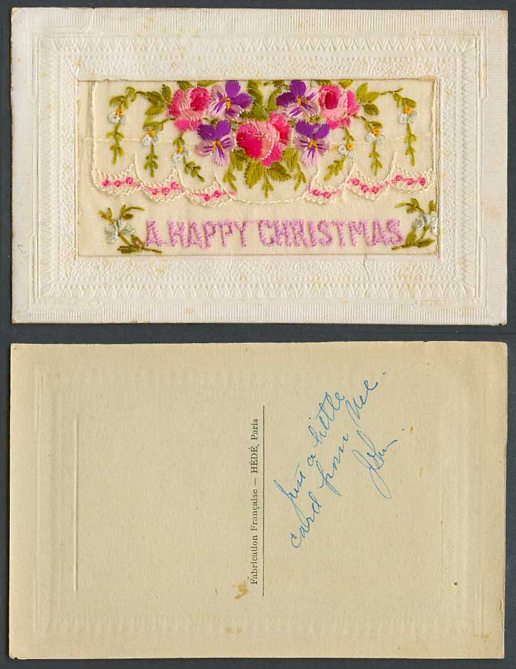 WW1 SILK Embroidered Old Postcard A Happy Christmas, Xmas, Flowers, Empty Wallet