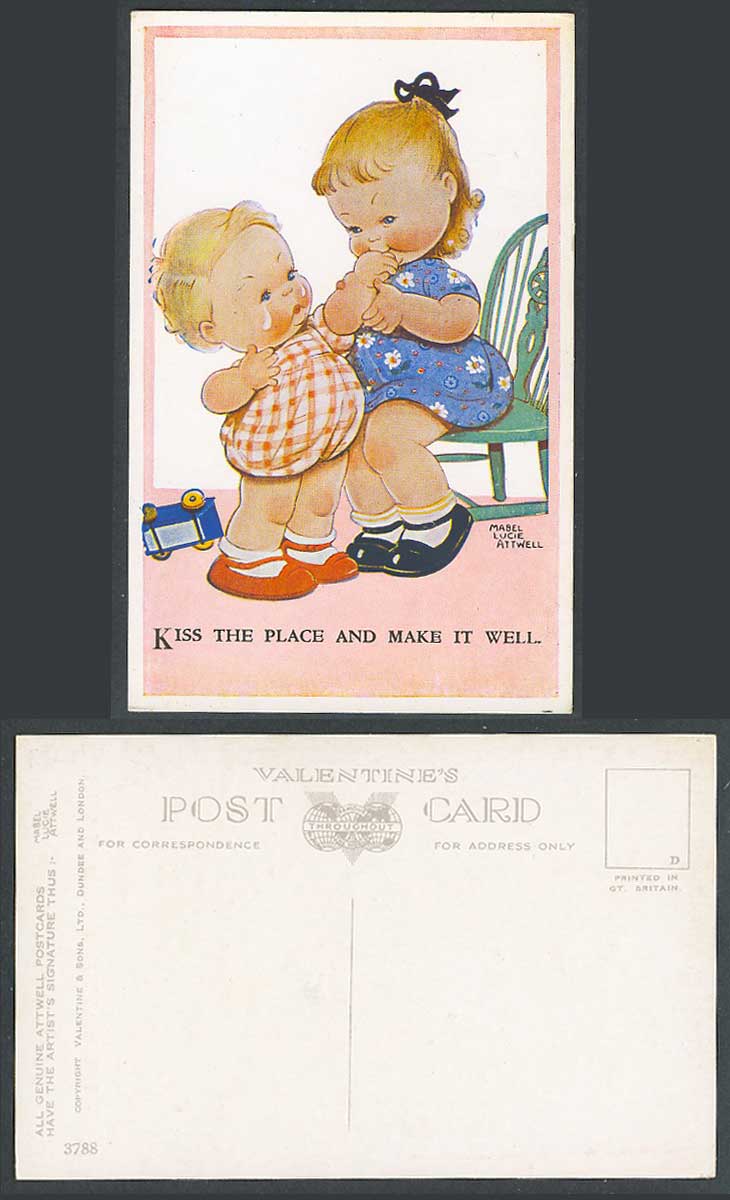 MABEL LUCIE ATTWELL Old Postcard Kiss The Place and Make It Well. Toy Car 3788