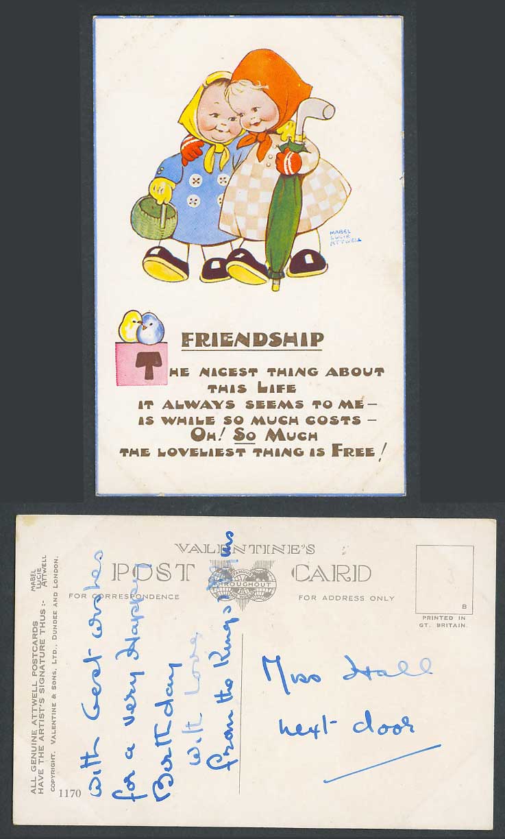 MABEL LUCIE ATTWELL Old Postcard Friendship The Loveliest Thing is Free No. 1170