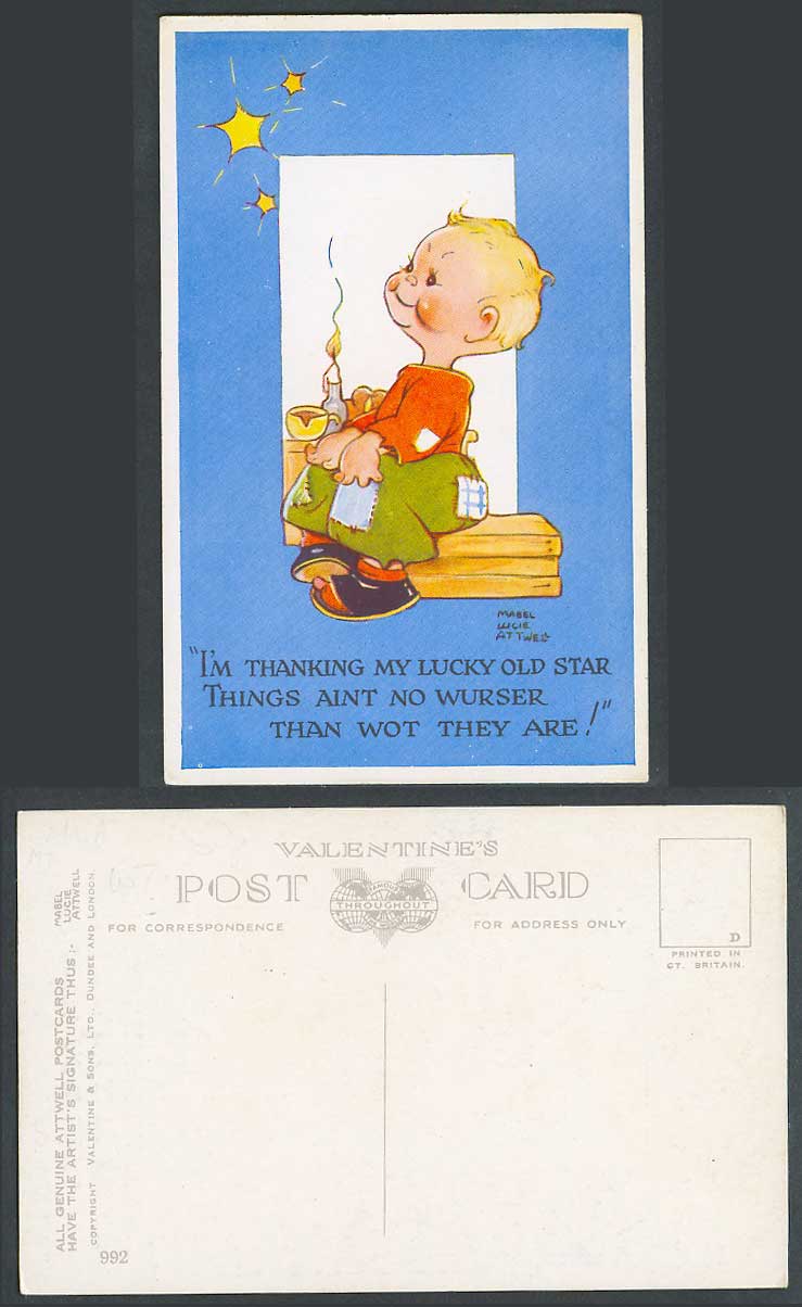MABEL LUCIE ATTWELL Old Postcard I'm Thanking My Lucky Old Star Things Ain't 992