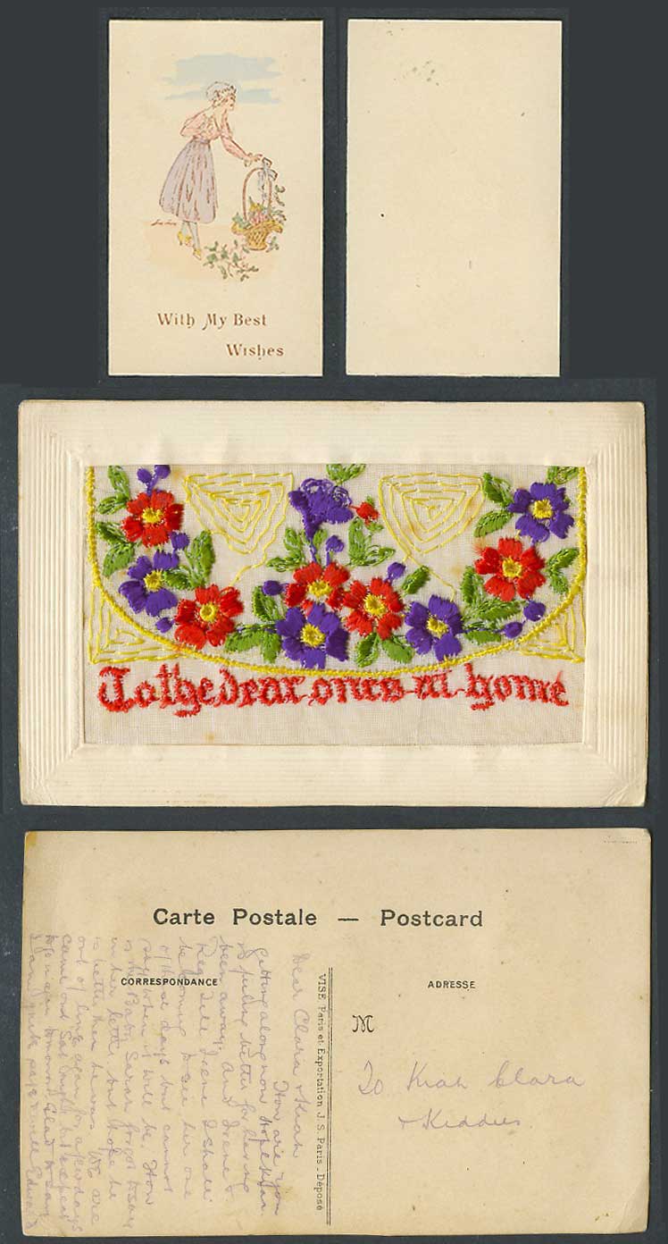 WW1 SILK Embroidered Old Postcard To The Dear Ones At Home - With My Best Wishes