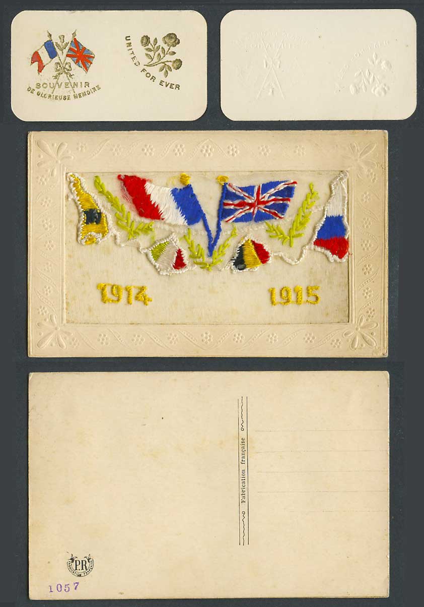 WW1 SILK Embroidered 1914 1915 Old Postcard Flags United For Ever Glorieuse Memo