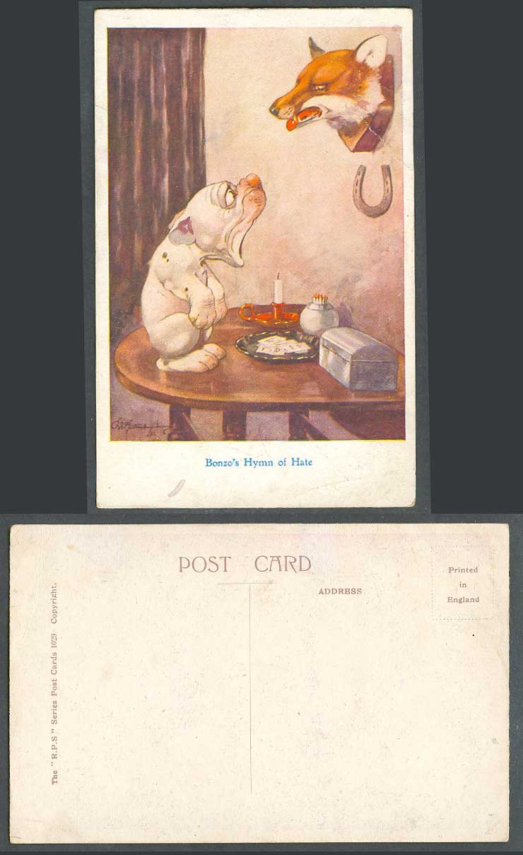 BONZO DOG George Ernest G.E. Studdy Old Postcard Bonzo's Hymn of Hate, Fox 1029