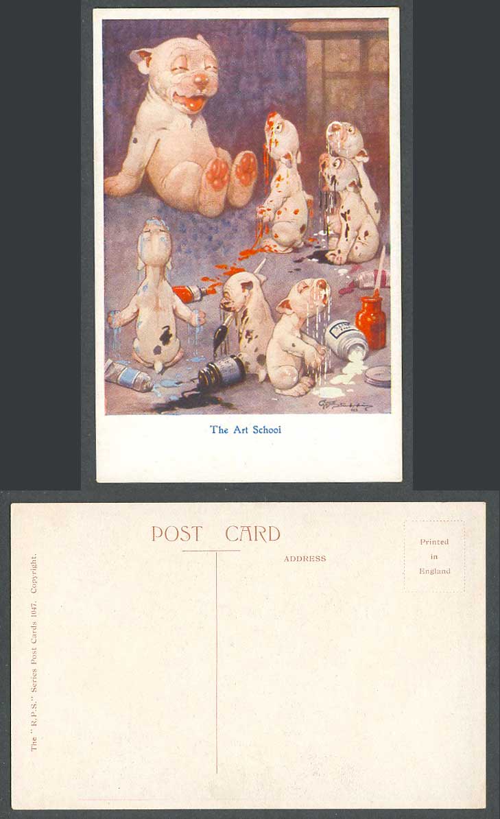 BONZO DOG GE Studdy Old Postcard THE ART SCHOOL Dogs Puppies Puppy & Paints 1047