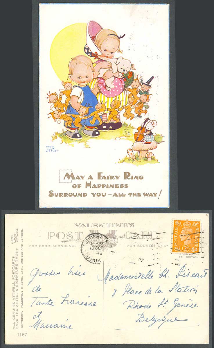 MABEL LUCIE ATTWELL 1946 Old Postcard Fairy Ring of Happiness, Fairies, Dog 1167
