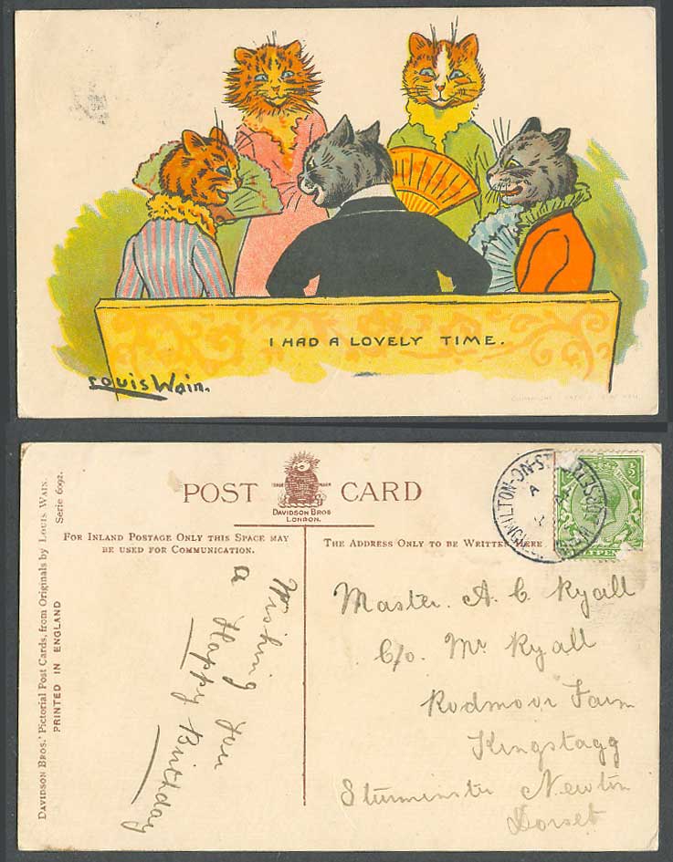 Louis Wain Artist Signed Cats Kittens Fans I Had a Lovely Time Old Postcard 6092