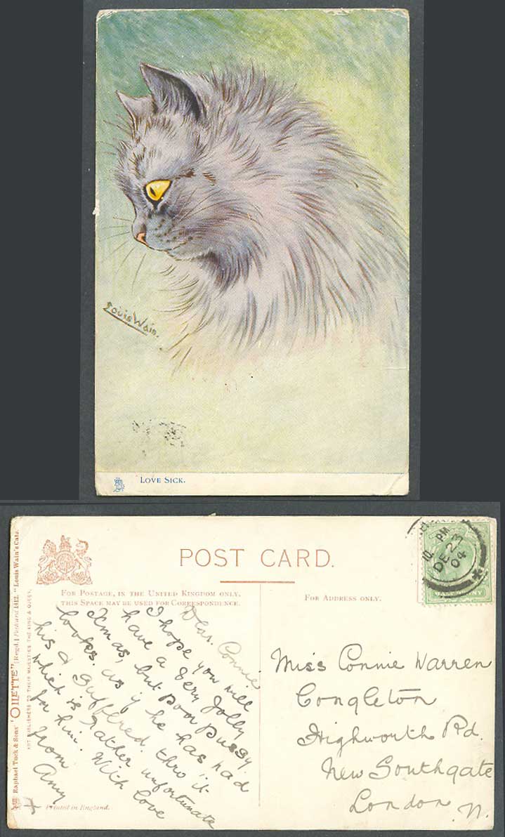 Louis Wain Artist Signed, Cat Kitten, Love Sick 1904 Old Tuck's Oilette Postcard