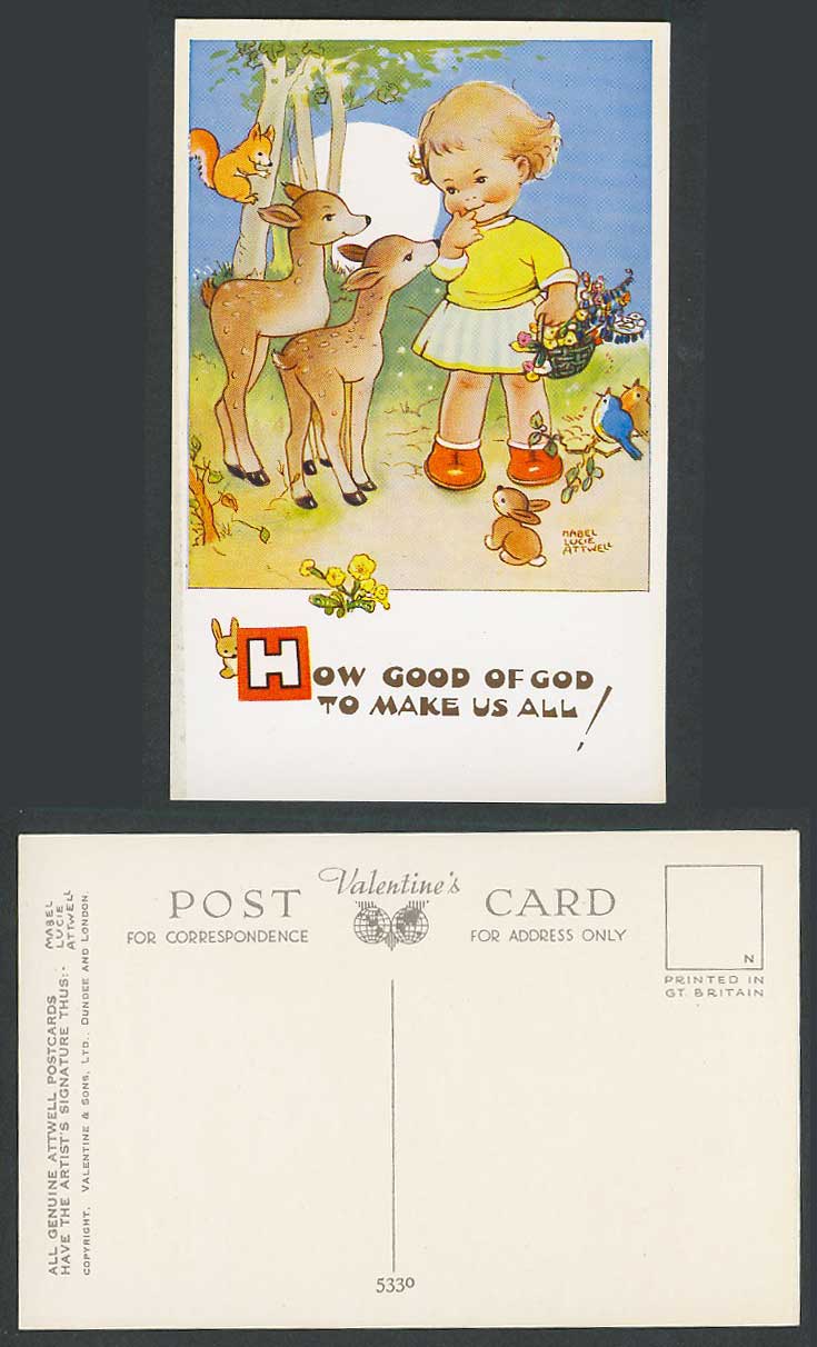 MABEL LUCIE ATTWELL Old Postcard How Good of God to Make Us All! Deer Birds 5330