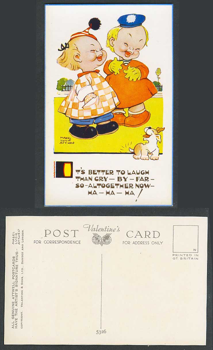 MABEL LUCIE ATTWELL Old Postcard It's Better to Laugh Than Cry, Dog & Girls 5326