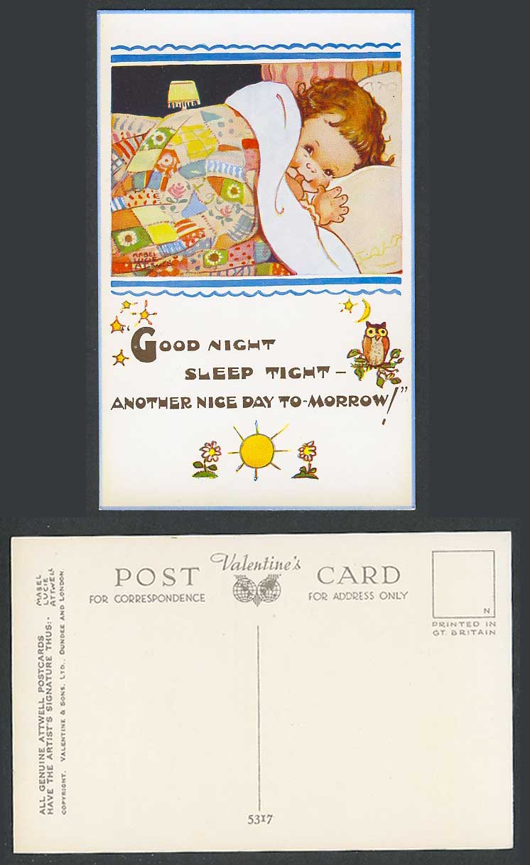 MABEL LUCIE ATTWELL Old Postcard Owl Bird Girl Good Night Nice Day Tomorrow 5317