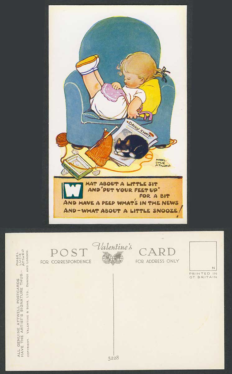 MABEL LUCIE ATTWELL Old Postcard Sit Put Feet up Peep News Snooze Black Cat 5228