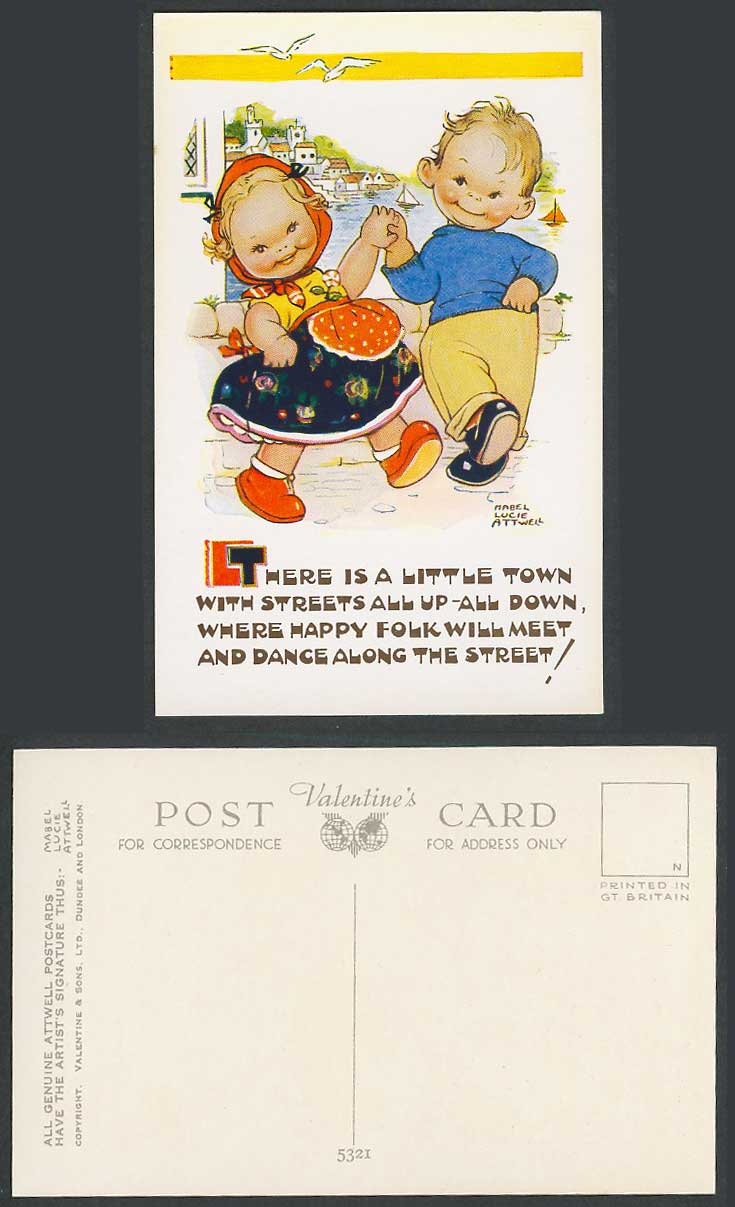 MABEL LUCIE ATTWELL Old Postcard Little Town Streets Happy Folk Dance Along 5321