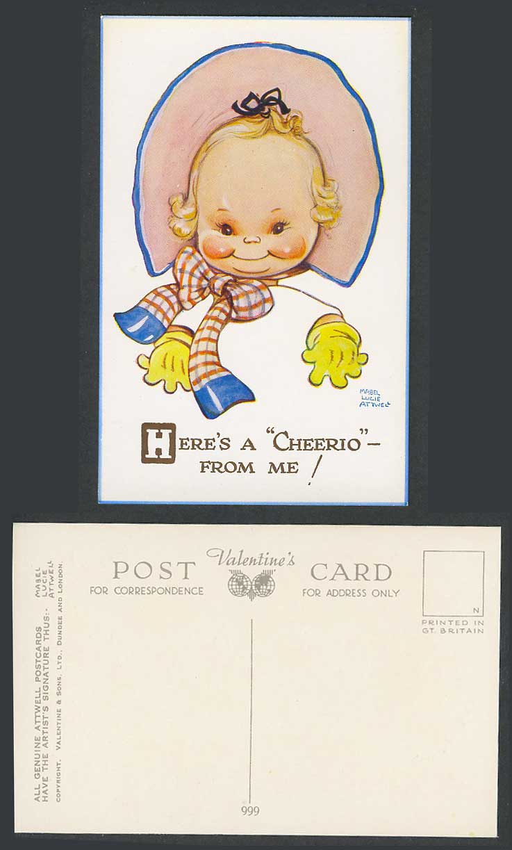 MABEL LUCIE ATTWELL Old Postcard Here's a Cheerio from Me! Hat Gloves Scarf 999