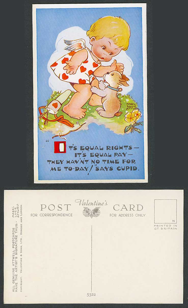 MABEL LUCIE ATTWELL Old Postcard Equal Rights and Pay No Time For Cupid Dog 5322