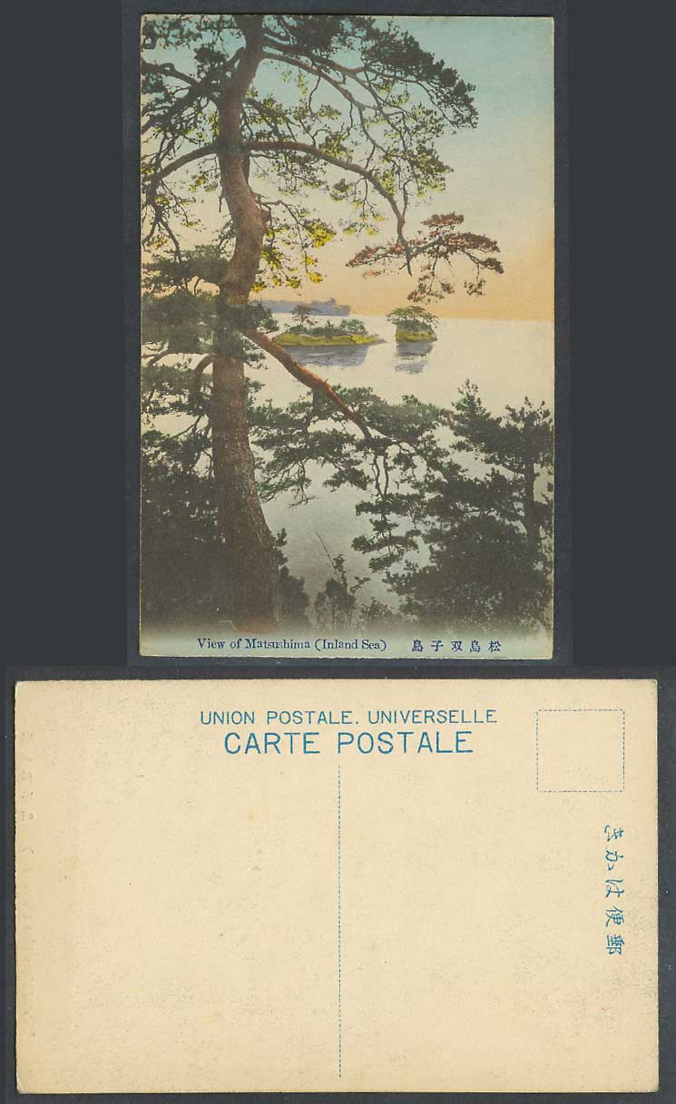 Japan Old Hand Tinted Postcard Matsushima Inland Sea Pine Trees Twin Isles 松島双子島