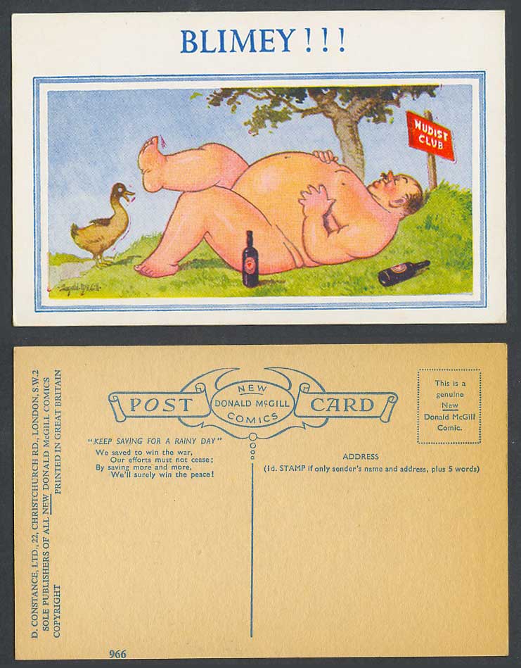 Donald McGill Old Postcard BLIMEY!!! Man Bird Duck Goose Nudist Club Bottles 966