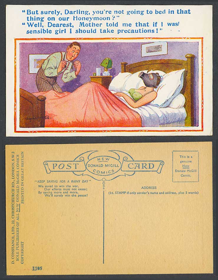 Donald McGill Old Postcard Honeymoon Gas Mask, Girl Should Take Precautions 1105
