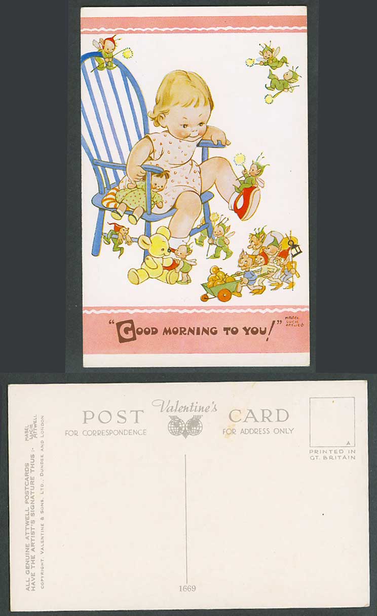 MABEL LUCIE ATTWELL Old Postcard Teddy Bear Fairies Elves Good Morning to U 1669