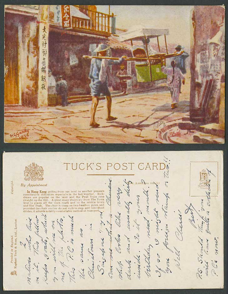 Hong Kong HG Gandy 1924 Old Tuck Postcard Sedan Chair Street Scene Coolies China