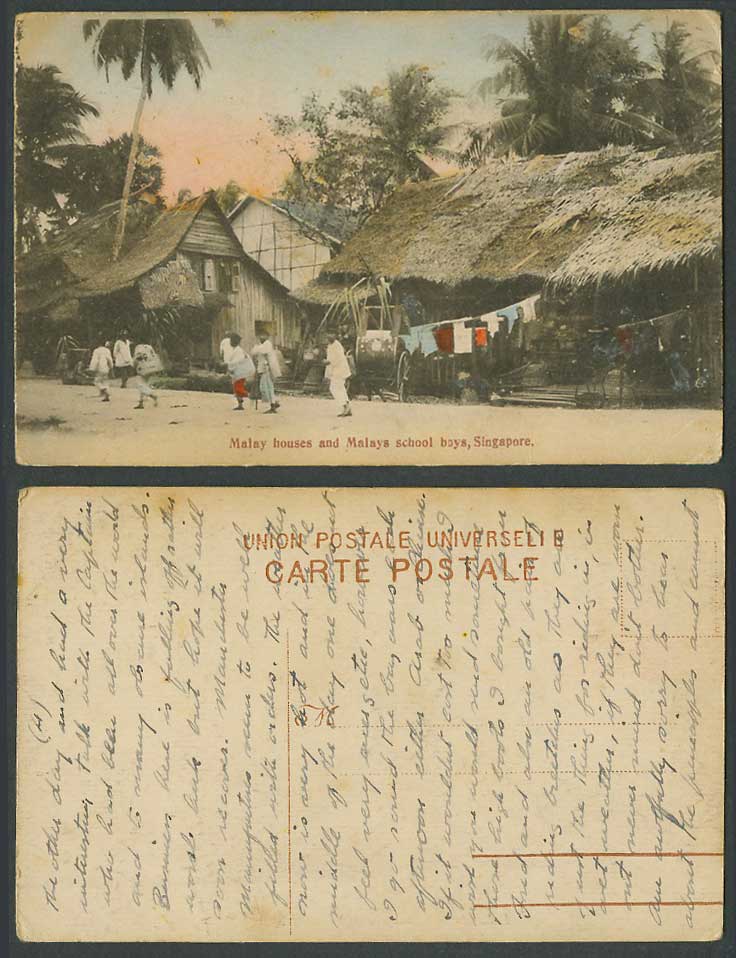 Singapore Old Hand Tinted Postcard Native Malay Houses Malays School Boys Malaya