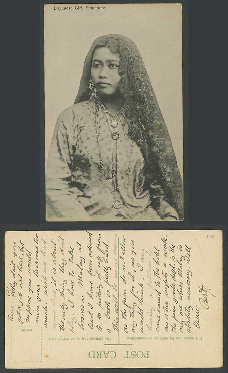 Singapore Old Postcard Boyanese Girl Lady Woman wear Necklace Headscarf Costumes
