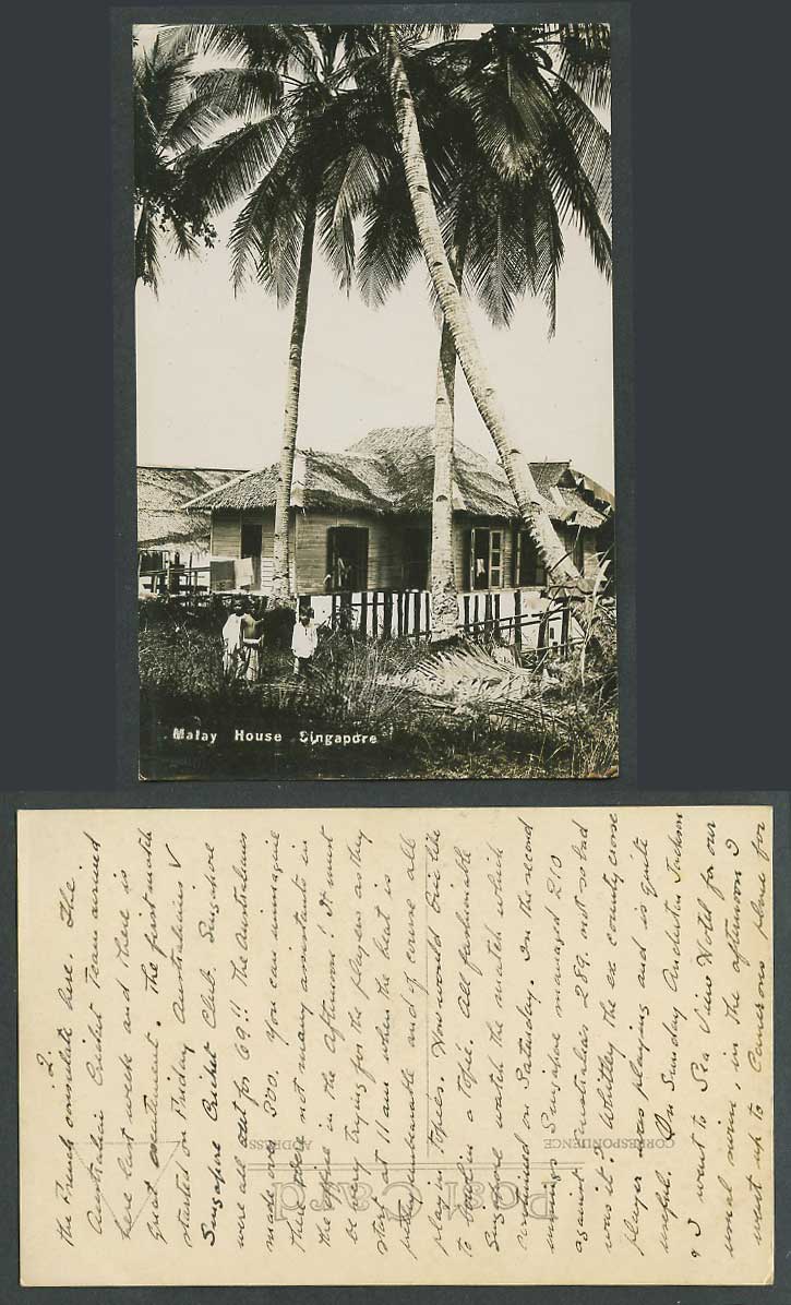 Singapore Old Real Photo Postcard Malay House, Palm Trees, Native Boys Children