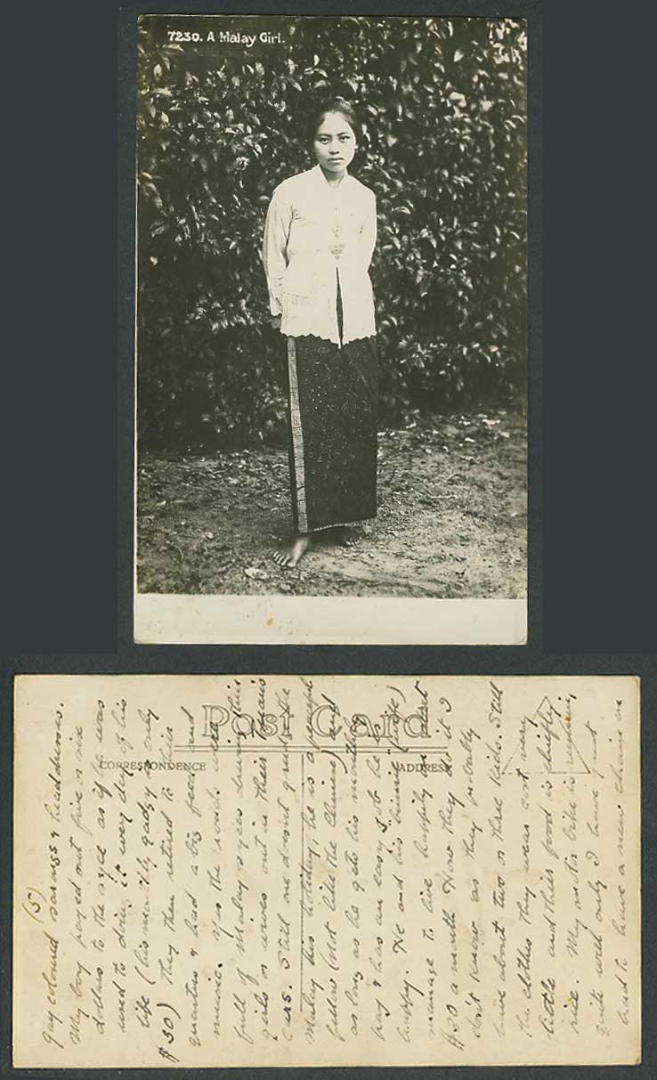 Singapore 1927 Old Real Photo Postcard A Malay Girl Woman Barefoot Costumes 7230