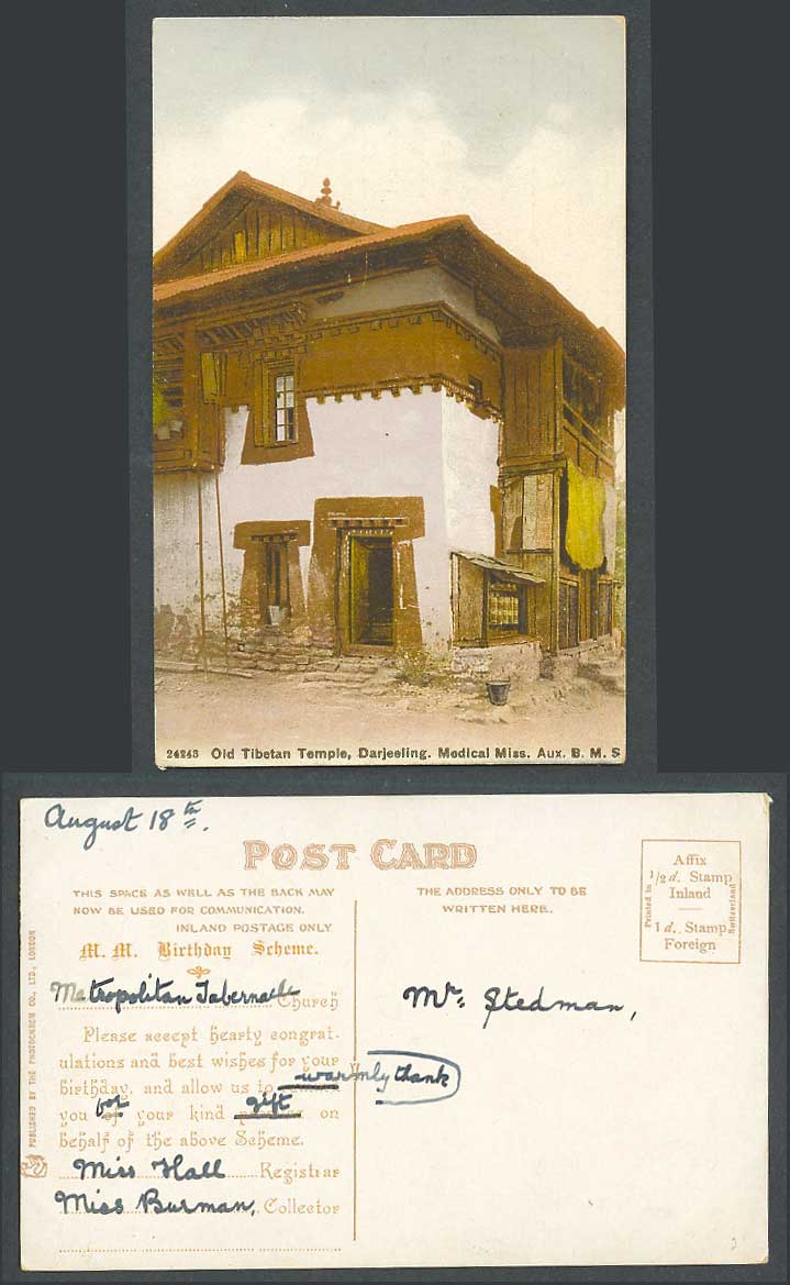 TIBET China Old Postcard Old Tibetan Temple, Darjeeling, Medical Miss Aux B.M.S.