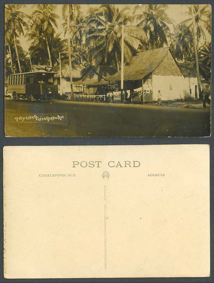 Singapore Old Real Photo Postcard Geylang TRAM No.36 Tramway Street Malay Houses