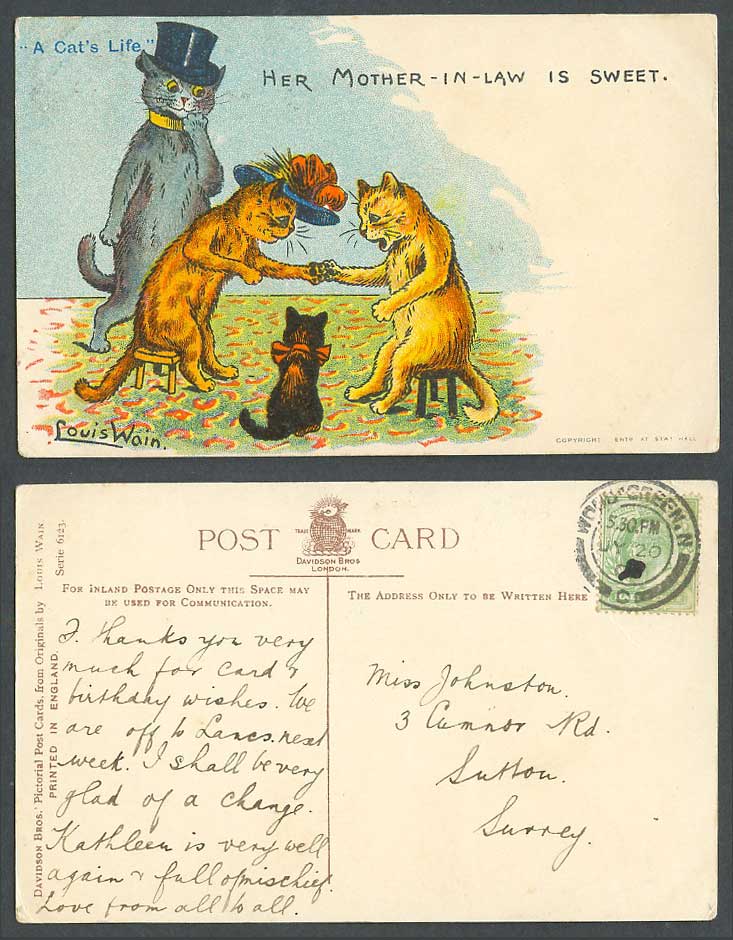 Louis Wain Artist Signed Cat Kitten Her Mother-in-Law is Sweet 1908 Old Postcard