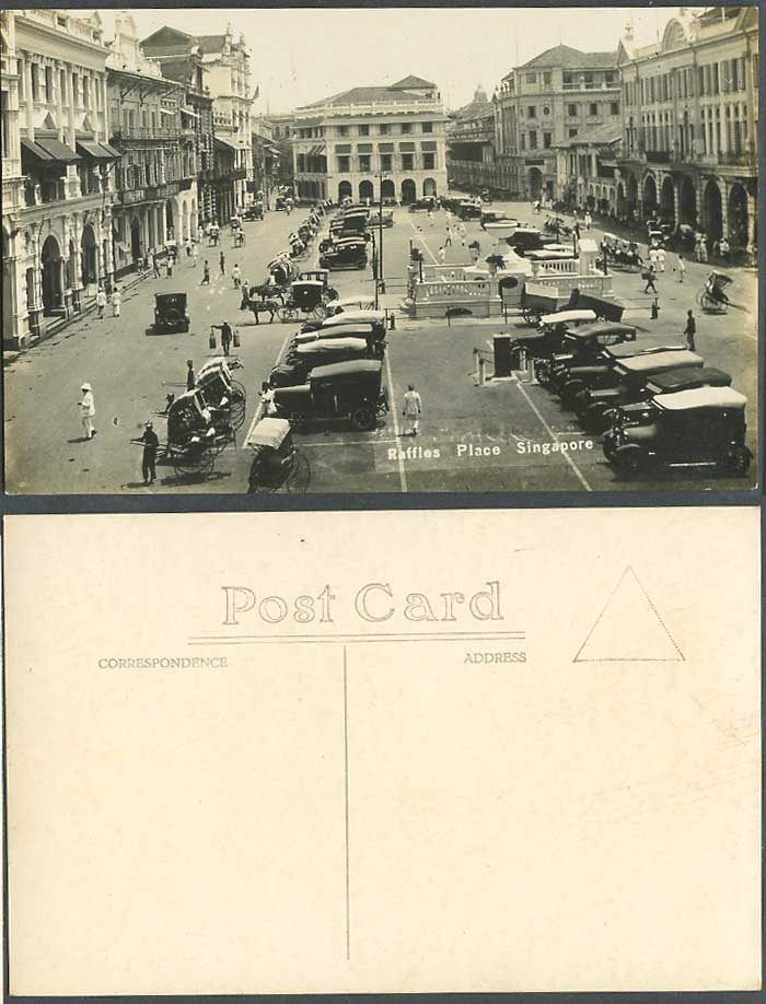 Singapore Old Real Photo Postcard Raffles Place, Vintage Motor Cars and Car Park