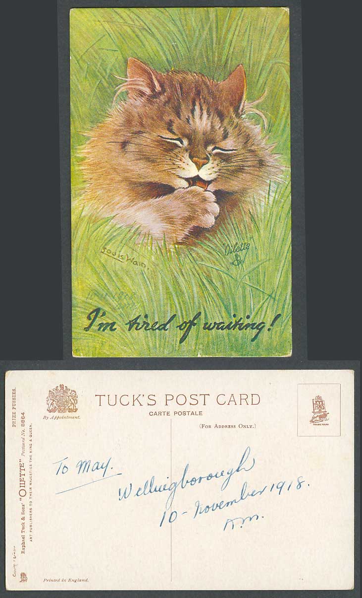 Louis Wain Artist Signed Cat Prize Pussie I'm Tired of Waiting 1918 Old Postcard