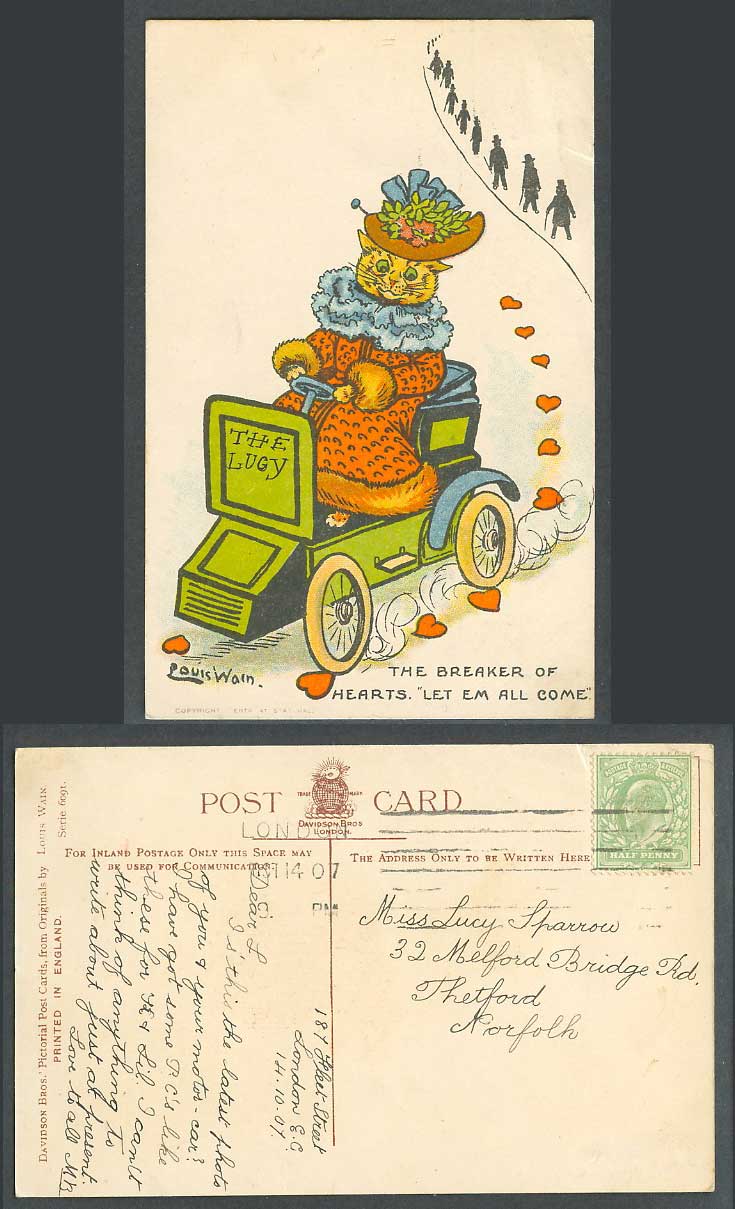 LOUIS WAIN Artist Signed Cat Drive Motor Car Breaker of Hearts 1907 Old Postcard
