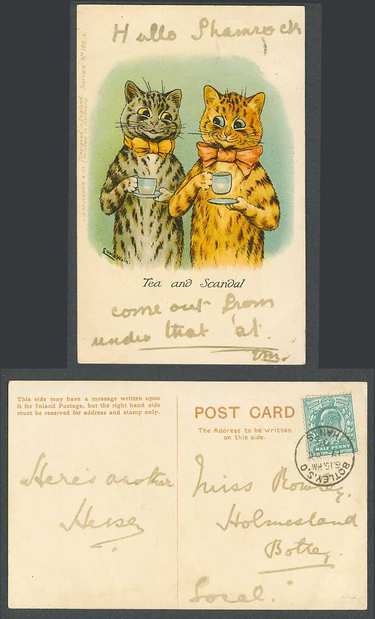 Louis Wain Artist Signed 2 Cats Kittens Cup of Tea and Scandal 1904 Old Postcard