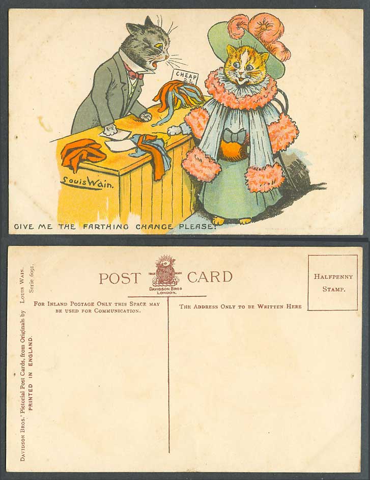 Louis Wain Artist Signed Cats Kitten Give Me Farthing Change Please Old Postcard