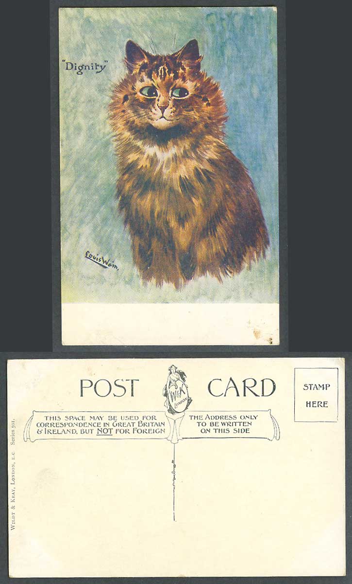 LOUIS WAIN Artist Signed Cat Kitten Dignity Old Postcard Wildt & Kray Series 501