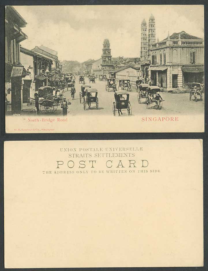 Singapore Old UB Postcard North Bridge Road, Triste Hotel Temple Rickshaw Coolie