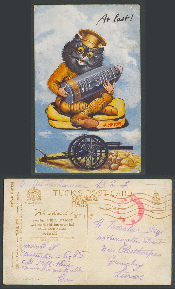 LOUIS WAIN Artist Signed Cat At Last Shell Mascot O.A.S. B.E.F 1915 Old Postcard