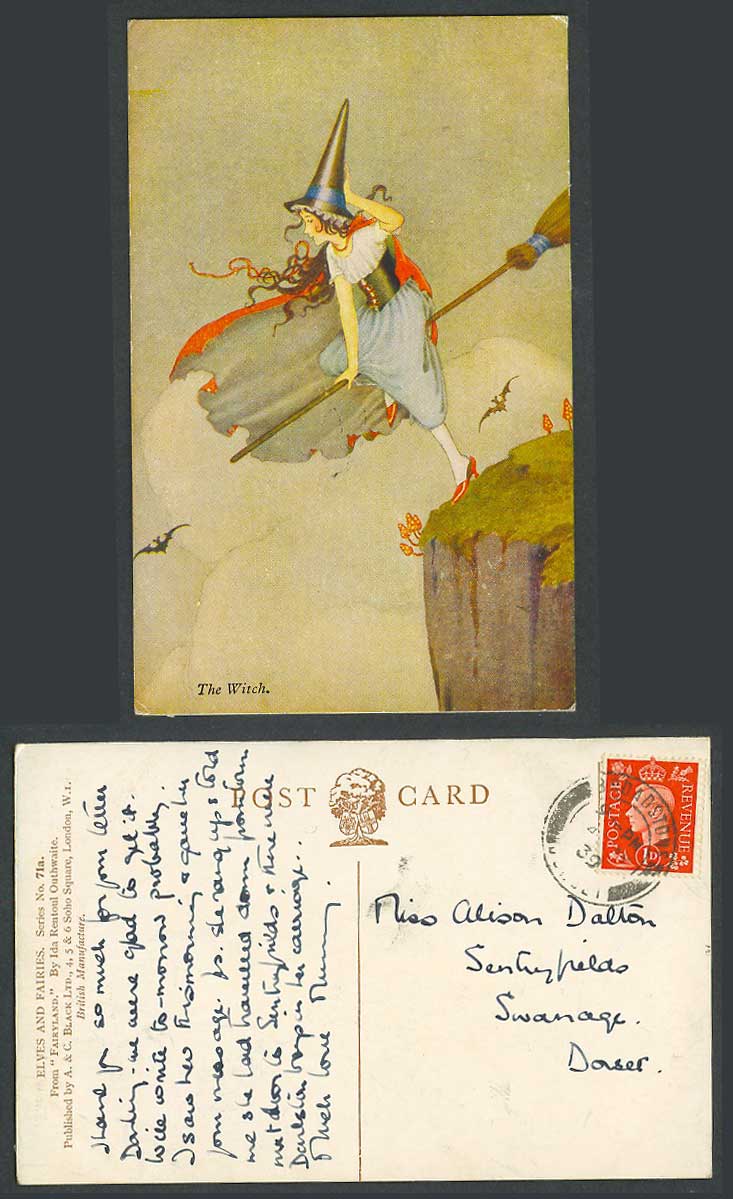 Ida Rentoul Outhwaite 1939 Old Postcard The Witch Rides Broomstick Bat Fairyland