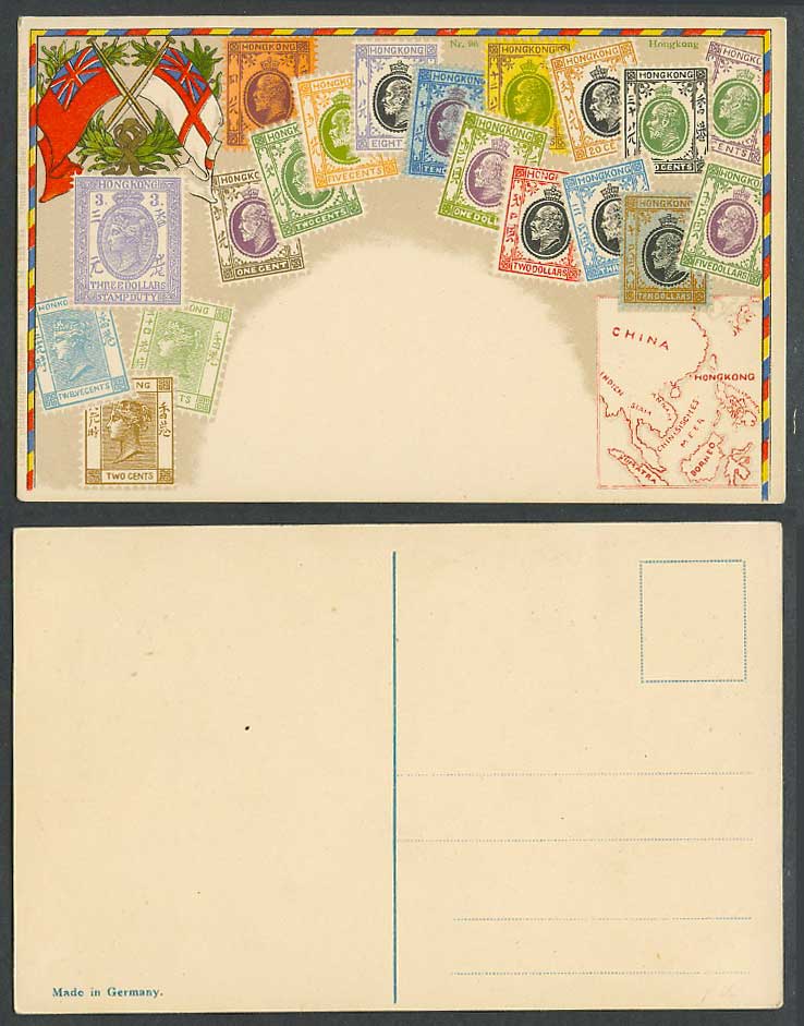 Hong Kong Map Flags, Vintage Queen Victoria KE7 Stamps Illustration Old Postcard