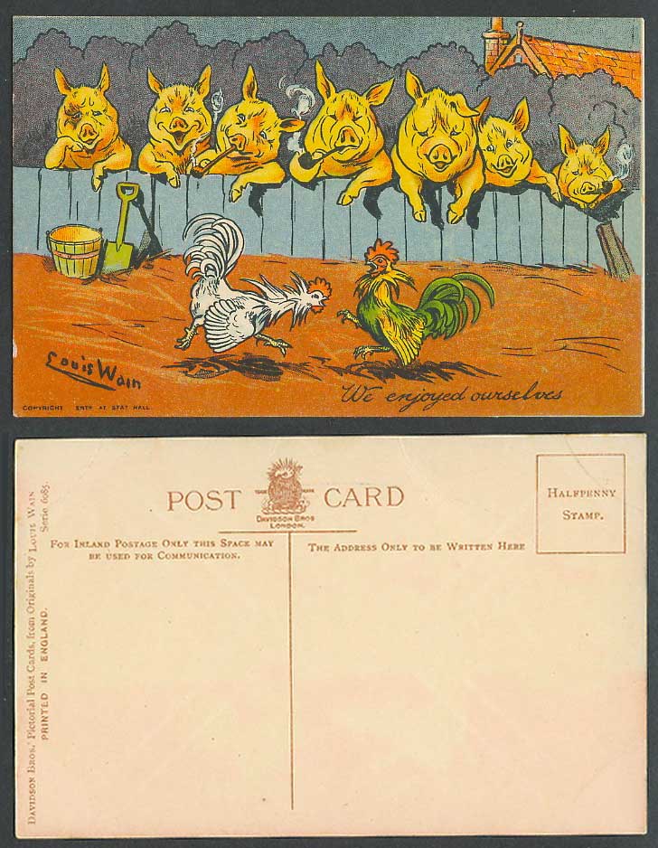 LOUIS WAIN Artist Signed Pig Pigs Roosters Fight We Enjoy Ourselves Old Postcard